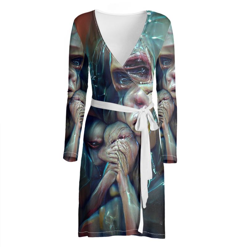 Vulnerable - Graphic Blue & Black Above Knee Wraparound Dress, V-Neck Long Sleeves, Wrap Dress