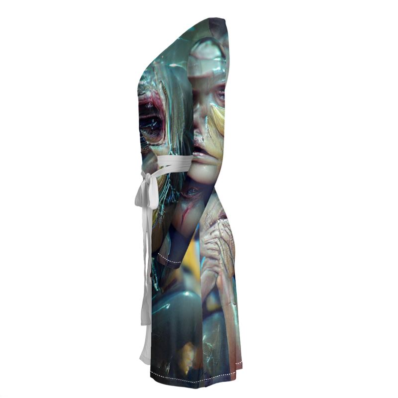 Vulnerable - Graphic Blue & Black Above Knee Wraparound Dress, V-Neck Long Sleeves, Wrap Dress