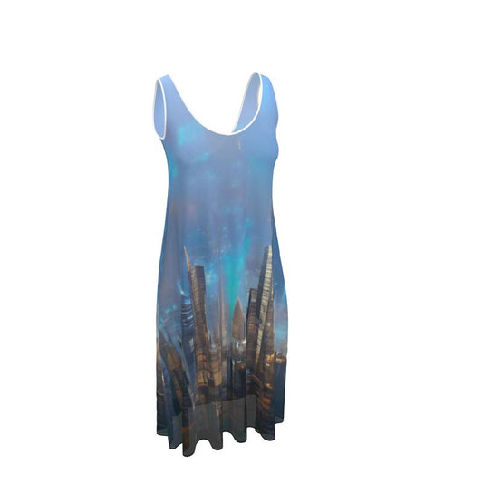 Painting of London - Blue & Black Sleeveless Cut, Relaxed Fit, Midi Length, Lowcut Back Sleeveless Midi Dress