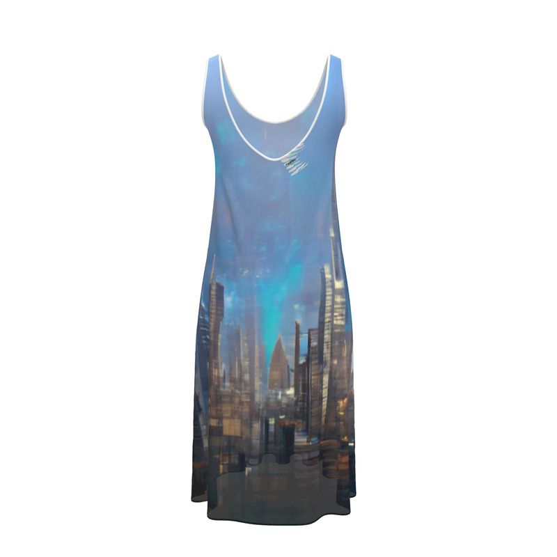 Painting of London - Blue & Black Sleeveless Cut, Relaxed Fit, Midi Length, Lowcut Back Sleeveless Midi Dress