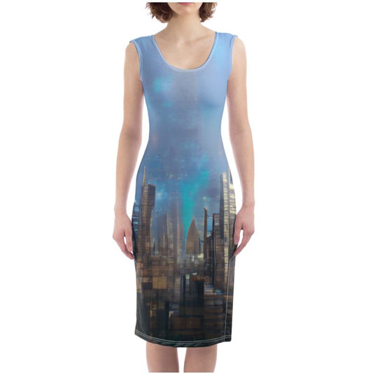 Painting of London - Blue & Black Silky, Slim Fit Split Leg Bodycon Dress