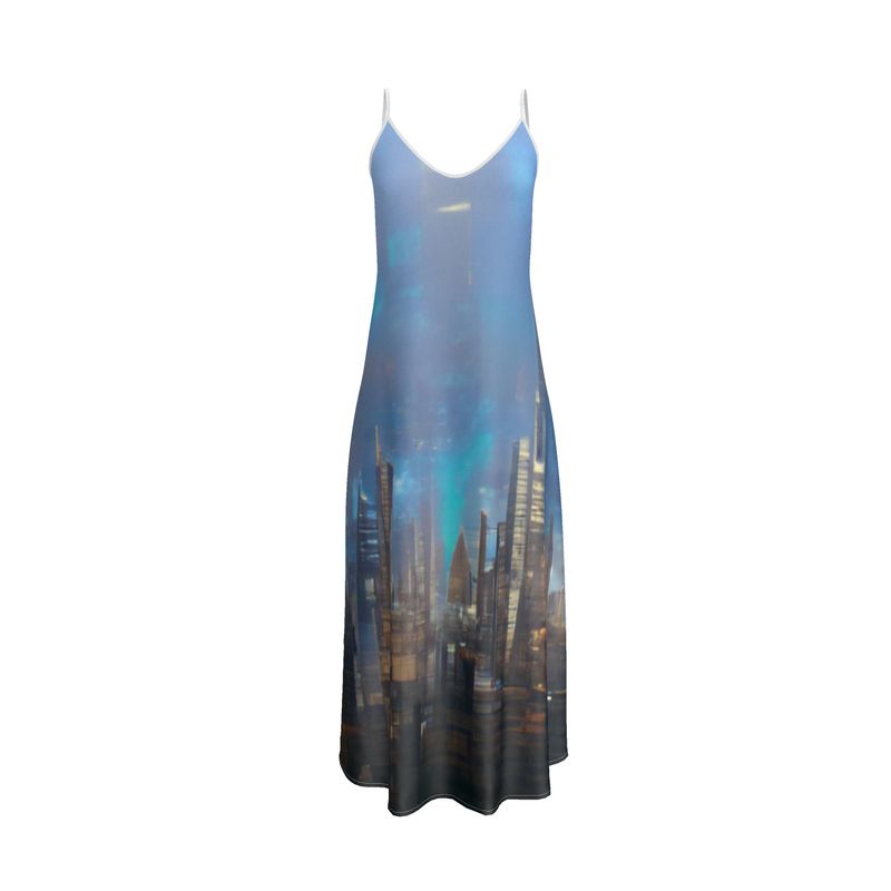 Painting of London - Blue & Black Tapered Waist, Flared Bottom Slip Dress