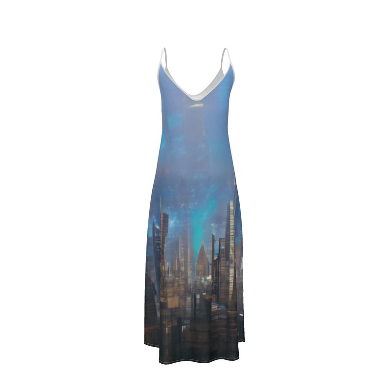 Painting of London - Blue & Black Tapered Waist, Flared Bottom Slip Dress