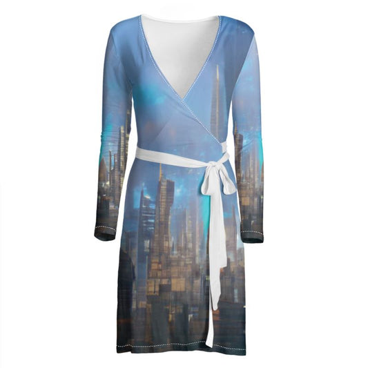 Painting of London - Blue & Black Above Knee Wraparound Dress, V-Neck Long Sleeves, Wrap Dress