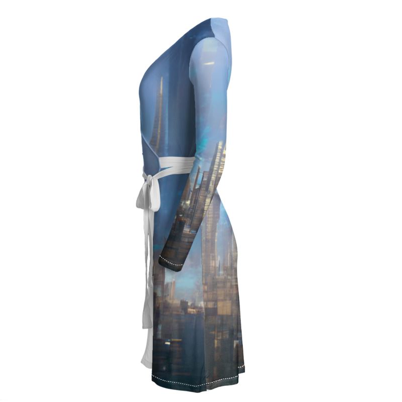 Painting of London - Blue & Black Above Knee Wraparound Dress, V-Neck Long Sleeves, Wrap Dress