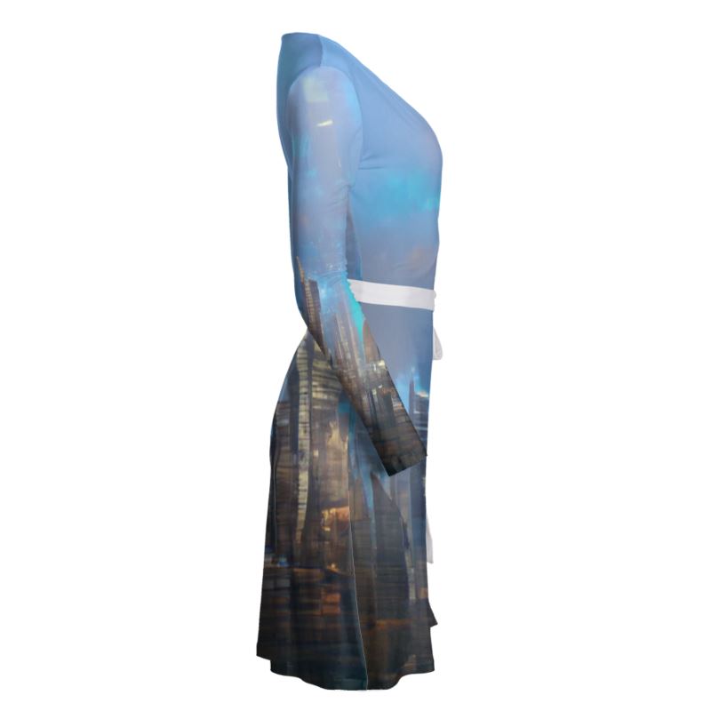 Painting of London - Blue & Black Above Knee Wraparound Dress, V-Neck Long Sleeves, Wrap Dress