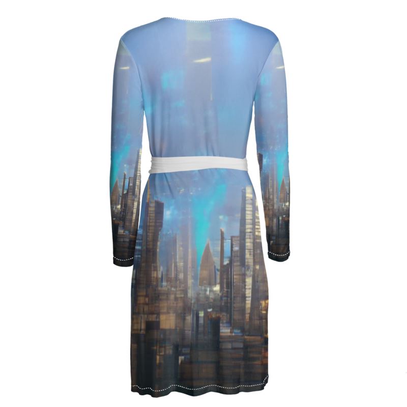 Painting of London - Blue & Black Above Knee Wraparound Dress, V-Neck Long Sleeves, Wrap Dress