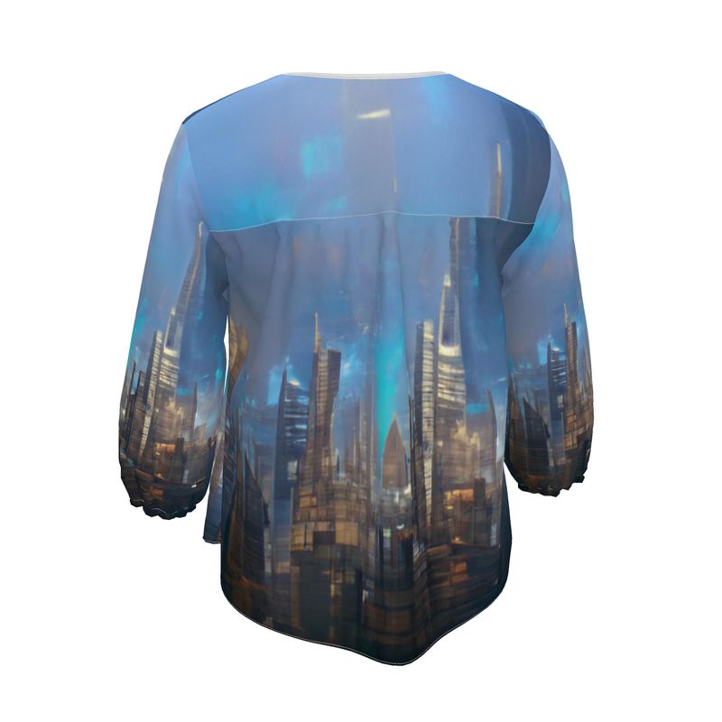 Painting of London - Blue & Black Rounded Slot Neckline, 3/4 Length Elasticated Sleeves Women's Blouse