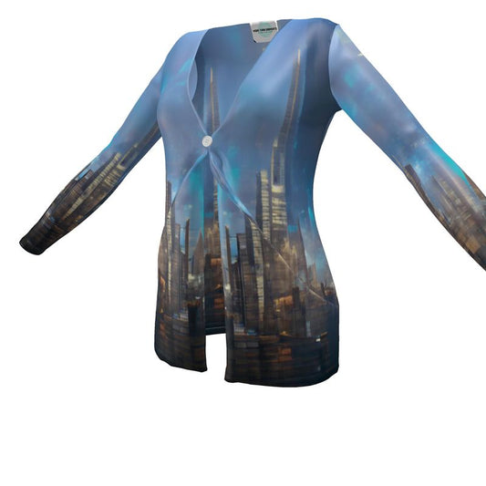 Painting of London - Blue & Black Drop Pockets & Waterfall Front V-Neck, Long Sleeves, Single Button, Jersey Knit Fabric, Ladies Cardigan With Pockets