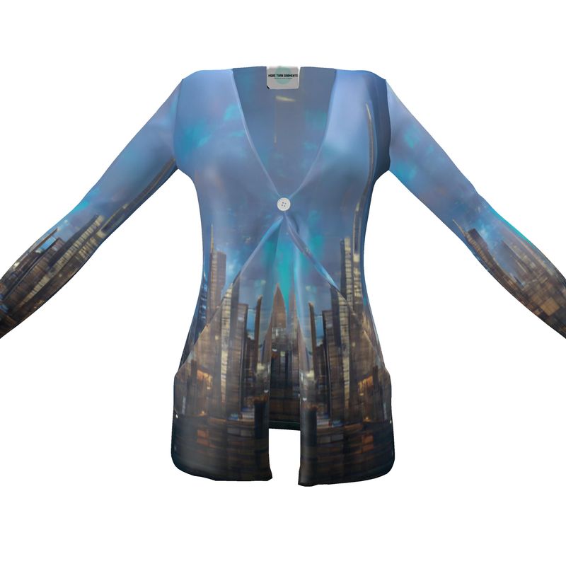 Painting of London - Blue & Black Drop Pockets & Waterfall Front V-Neck, Long Sleeves, Single Button, Jersey Knit Fabric, Ladies Cardigan With Pockets