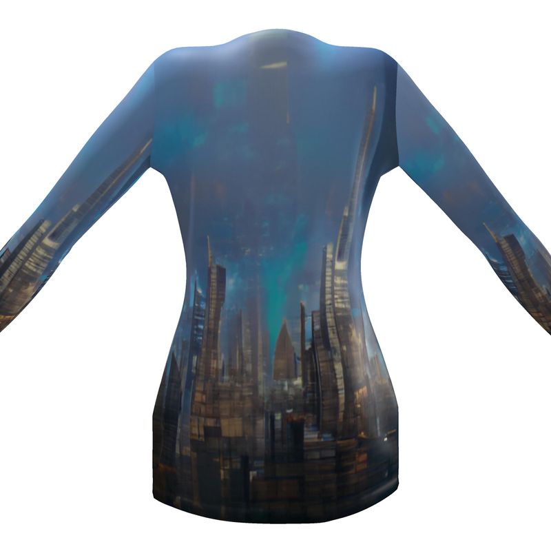 Painting of London - Blue & Black Drop Pockets & Waterfall Front V-Neck, Long Sleeves, Single Button, Jersey Knit Fabric, Ladies Cardigan With Pockets