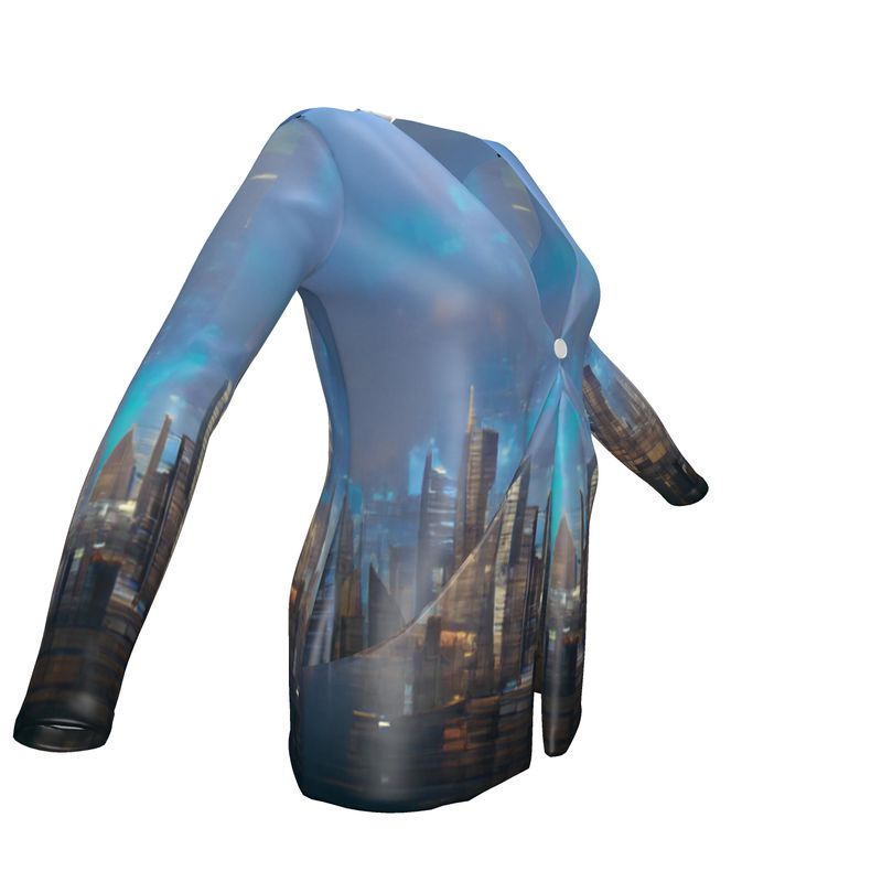 Painting of London - Blue & Black Drop Pockets & Waterfall Front V-Neck, Long Sleeves, Single Button, Jersey Knit Fabric, Ladies Cardigan With Pockets