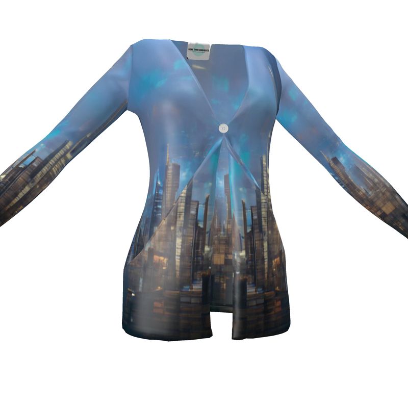 Painting of London - Blue & Black Drop Pockets & Waterfall Front V-Neck, Long Sleeves, Single Button, Jersey Knit Fabric, Ladies Cardigan With Pockets