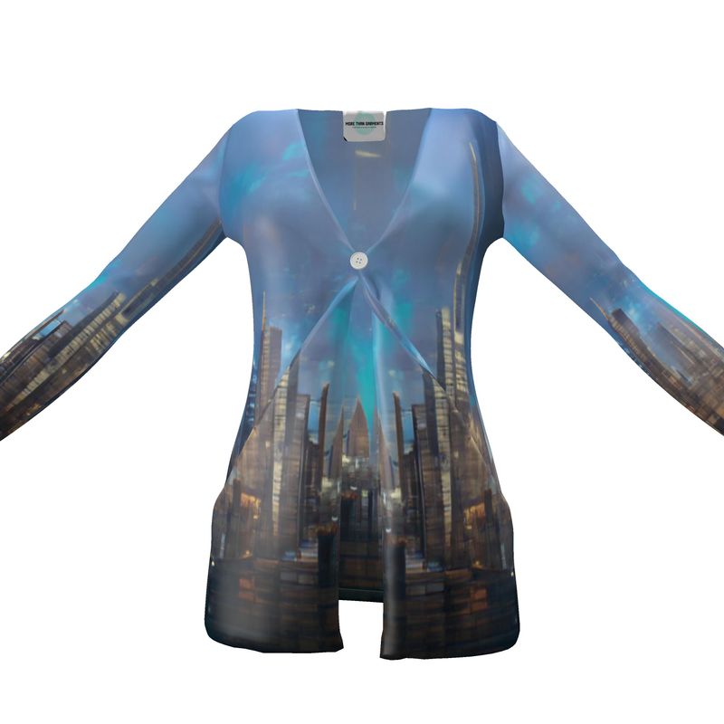 Painting of London - Blue & Black Drop Pockets & Waterfall Front V-Neck, Long Sleeves, Single Button, Jersey Knit Fabric, Ladies Cardigan With Pockets