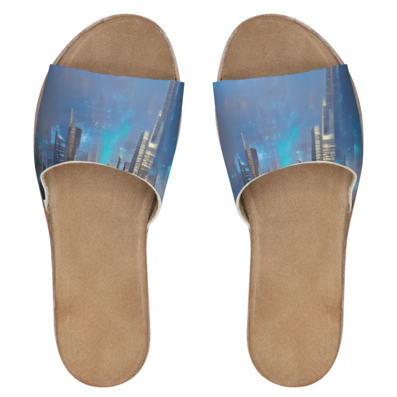 Painting of London - Blue & Black Leather Band, Cork & Rubber Sole, Leather Suedette Insole, Women's Leather Sliders