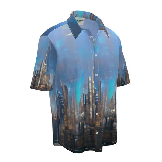 Painting of London - Blue & Black Short Sleeve Button Up, Mother Of Pearl Buttons, Breathable Fabric, Men's Short Sleeve Shirt