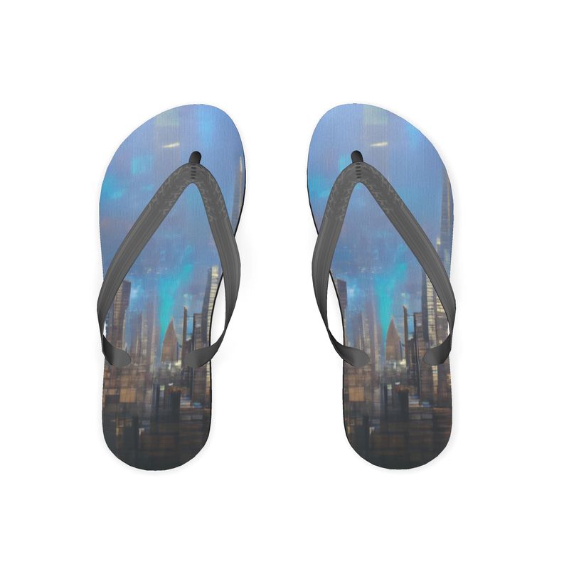 Painting of London - Blue & Black Unisex Soft Plastic Straps, Covered With Poly-Satin, Sturdy Foam Base Flip Flops