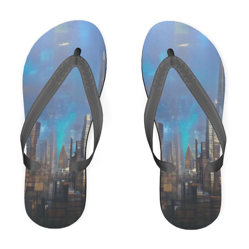 Painting of London - Blue & Black Unisex Soft Plastic Straps, Covered With Poly-Satin, Sturdy Foam Base Flip Flops