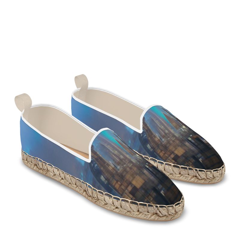 Painting of London - Blue & Black Leather, Printed Fabric Or Jute Innersole, Flat Shoe, Rubberised Hard Wearing Sole, Loafer Espadrilles