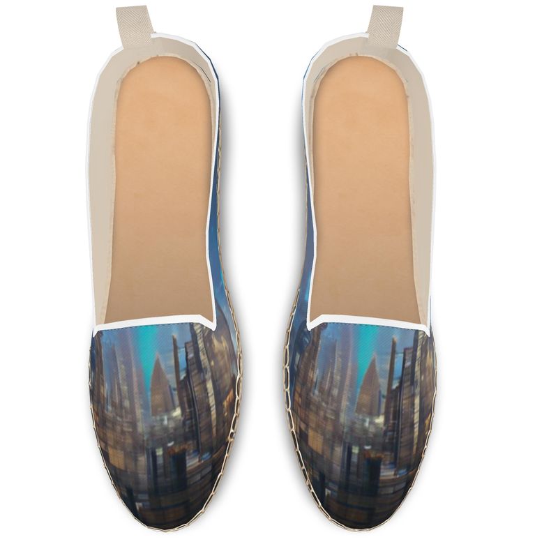 Painting of London - Blue & Black Leather, Printed Fabric Or Jute Innersole, Flat Shoe, Rubberised Hard Wearing Sole, Loafer Espadrilles