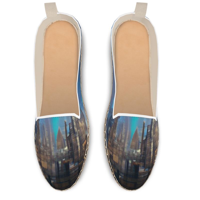 Painting of London - Blue & Black Leather, Printed Fabric Or Jute Innersole, Flat Shoe, Rubberised Hard Wearing Sole, Loafer Espadrilles