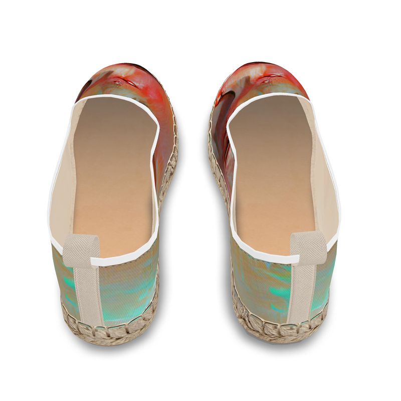 Irritated - Red and Green Leather, Printed Fabric Or Jute Innersole, Flat Shoe, Rubberised Hard Wearing Sole, Loafer Espadrilles