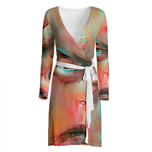 Irritated - Red and Green Above Knee Wraparound Dress, V-Neck Long Sleeves, Wrap Dress