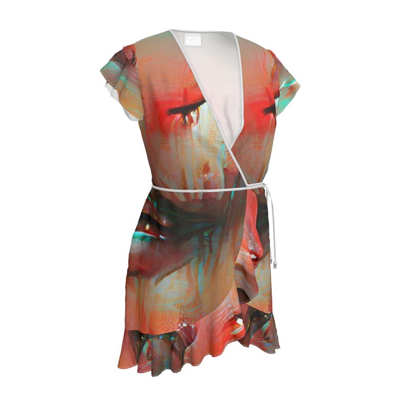 Irritated - Red and Green Flounce Hem & Armholes, Waist Tie, Wrap Design, Fashion Crepe Or Smooth Crepe Tea Dress