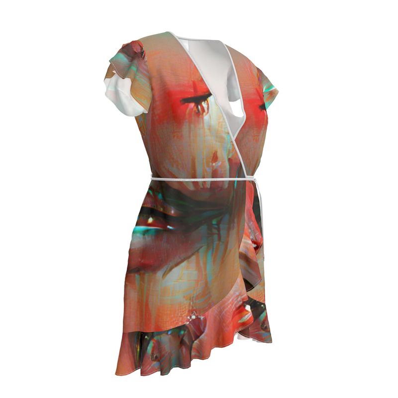 Irritated - Red and Green Flounce Hem & Armholes, Waist Tie, Wrap Design, Fashion Crepe Or Smooth Crepe Tea Dress