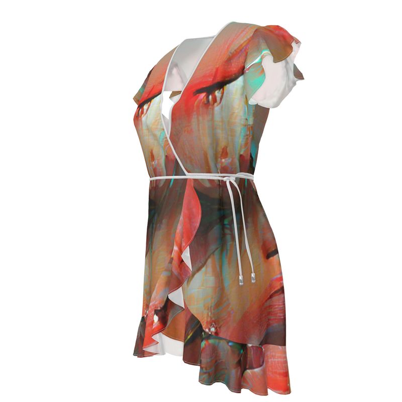 Irritated - Red and Green Flounce Hem & Armholes, Waist Tie, Wrap Design, Fashion Crepe Or Smooth Crepe Tea Dress