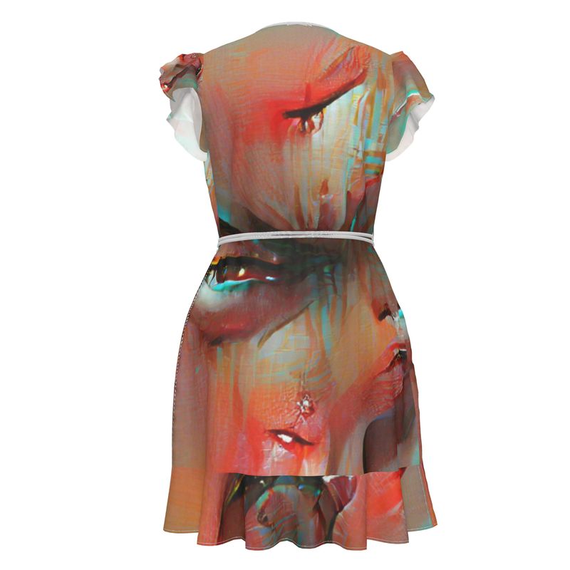 Irritated - Red and Green Flounce Hem & Armholes, Waist Tie, Wrap Design, Fashion Crepe Or Smooth Crepe Tea Dress