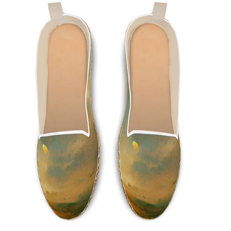 Loopy - Beige Leather, Printed Fabric Or Jute Innersole, Flat Shoe, Rubberised Hard Wearing Sole, Loafer Espadrilles