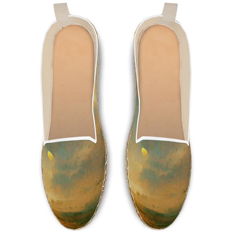 Loopy - Beige Leather, Printed Fabric Or Jute Innersole, Flat Shoe, Rubberised Hard Wearing Sole, Loafer Espadrilles