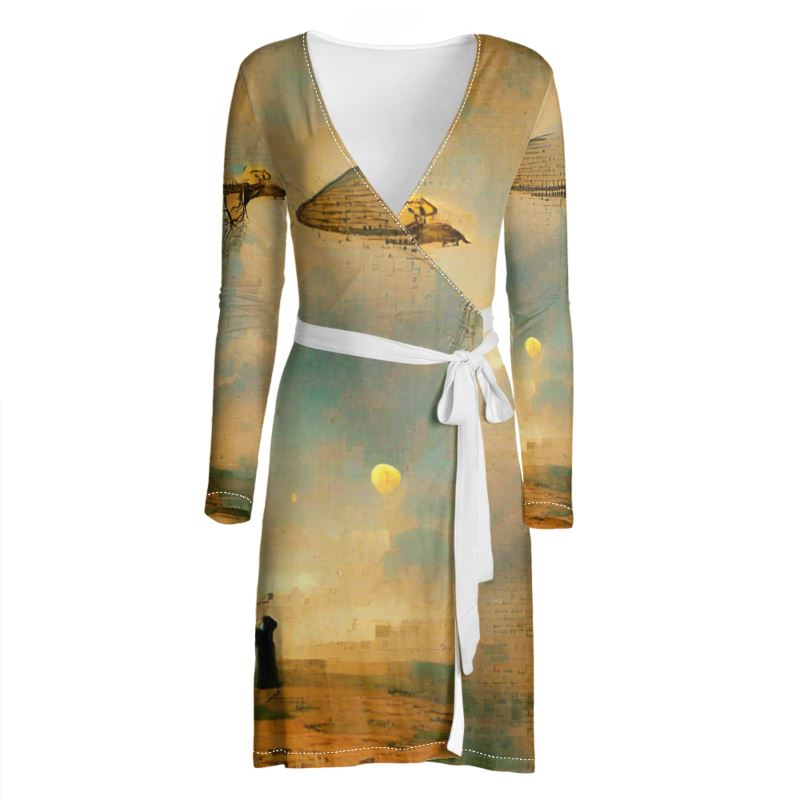 Loopy - Beige Above Knee Wraparound Dress, V-Neck Long Sleeves, Wrap Dress