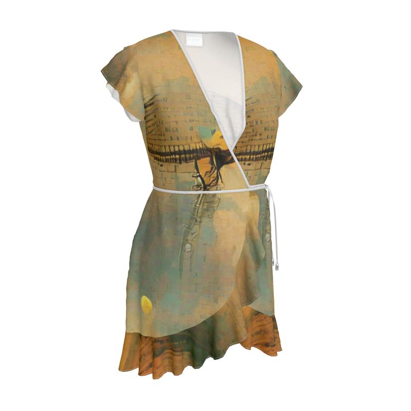 Loopy - Beige Flounce Hem & Armholes, Waist Tie, Wrap Design, Fashion Crepe Or Smooth Crepe Tea Dress