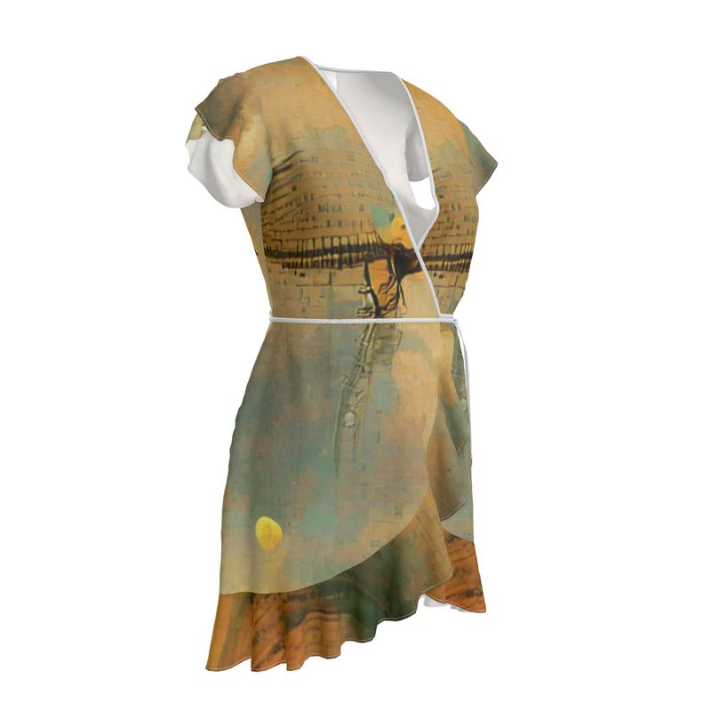 Loopy - Beige Flounce Hem & Armholes, Waist Tie, Wrap Design, Fashion Crepe Or Smooth Crepe Tea Dress