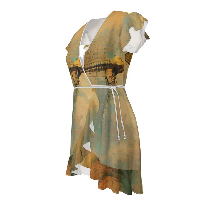 Loopy - Beige Flounce Hem & Armholes, Waist Tie, Wrap Design, Fashion Crepe Or Smooth Crepe Tea Dress