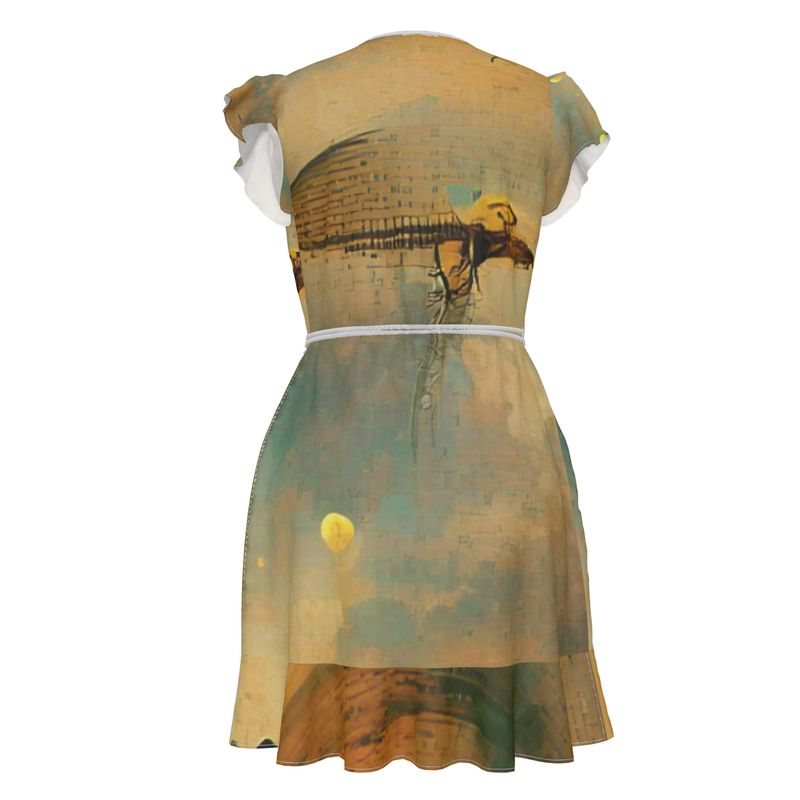 Loopy - Beige Flounce Hem & Armholes, Waist Tie, Wrap Design, Fashion Crepe Or Smooth Crepe Tea Dress