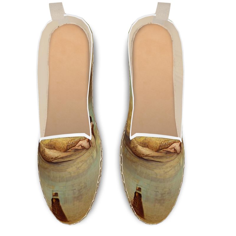 Lust - Beige Leather, Printed Fabric Or Jute Innersole, Flat Shoe, Rubberised Hard Wearing Sole, Loafer Espadrilles