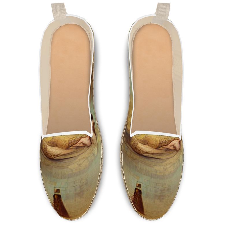 Lust - Beige Leather, Printed Fabric Or Jute Innersole, Flat Shoe, Rubberised Hard Wearing Sole, Loafer Espadrilles