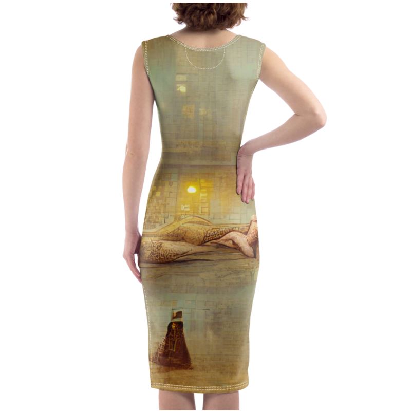 Lust - Beige Silky, Slim Fit Split Leg Bodycon Dress