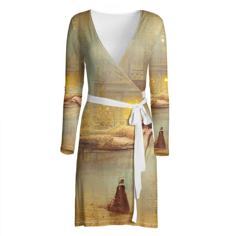 Lust - Beige Above Knee Wraparound Dress, V-Neck Long Sleeves, Wrap Dress