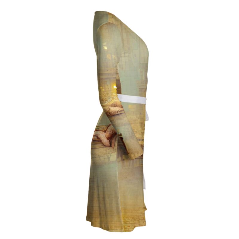 Lust - Beige Above Knee Wraparound Dress, V-Neck Long Sleeves, Wrap Dress