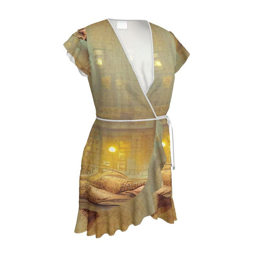 Lust - Beige Flounce Hem & Armholes, Waist Tie, Wrap Design, Fashion Crepe Or Smooth Crepe Tea Dress