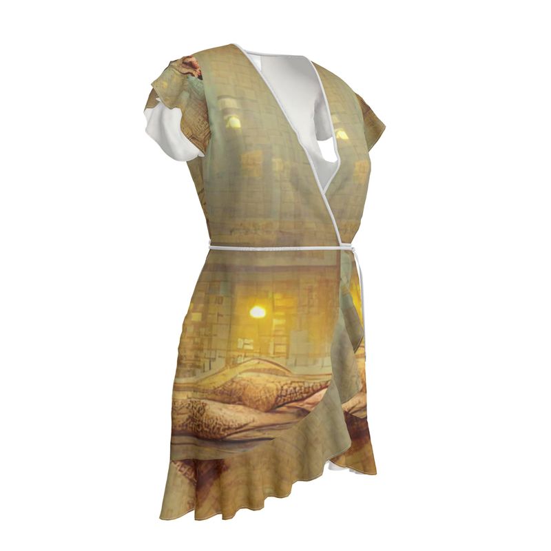 Lust - Beige Flounce Hem & Armholes, Waist Tie, Wrap Design, Fashion Crepe Or Smooth Crepe Tea Dress