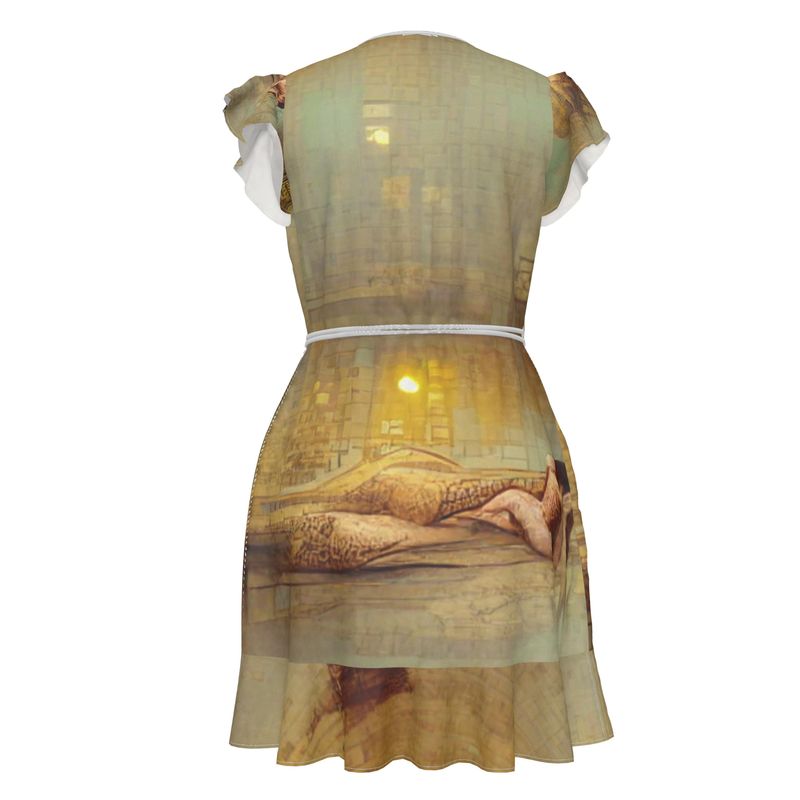 Lust - Beige Flounce Hem & Armholes, Waist Tie, Wrap Design, Fashion Crepe Or Smooth Crepe Tea Dress