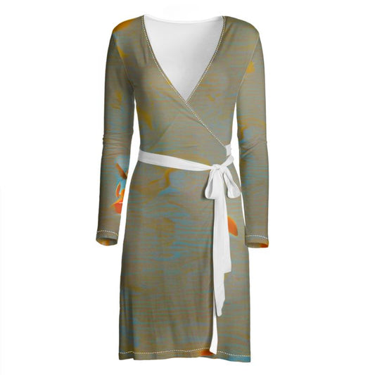 Mixed up - Green Above Knee Wraparound Dress, V-Neck Long Sleeves, Wrap Dress