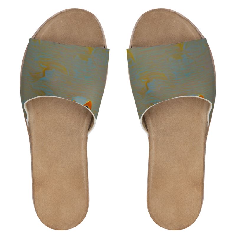 Mixed up - Green Leather Band, Cork & Rubber Sole, Leather Suedette Insole, Women's Leather Sliders