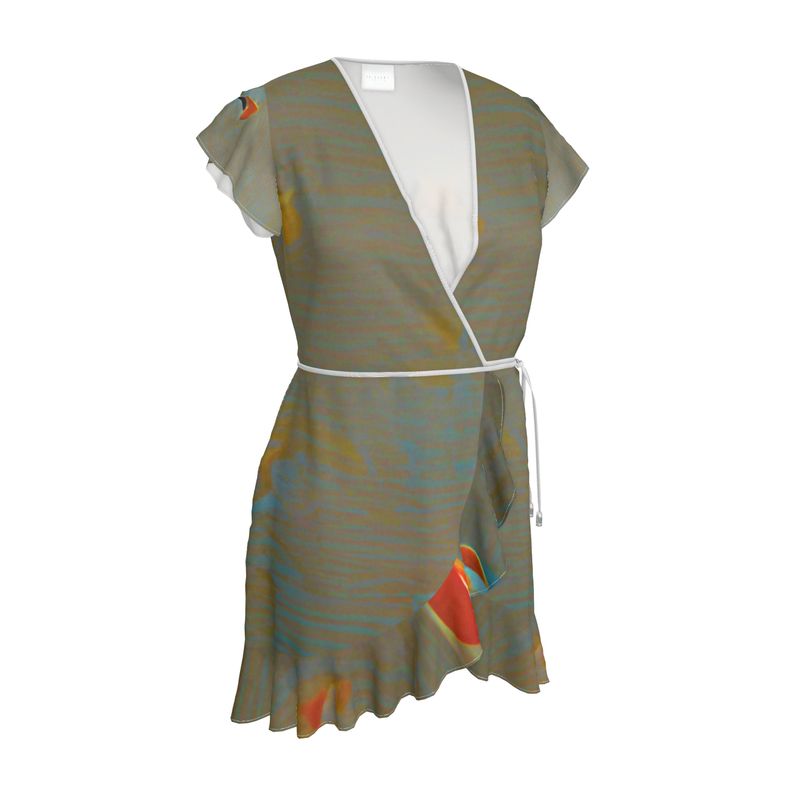 Mixed up - Green Flounce Hem & Armholes, Waist Tie, Wrap Design, Fashion Crepe Or Smooth Crepe Tea Dress