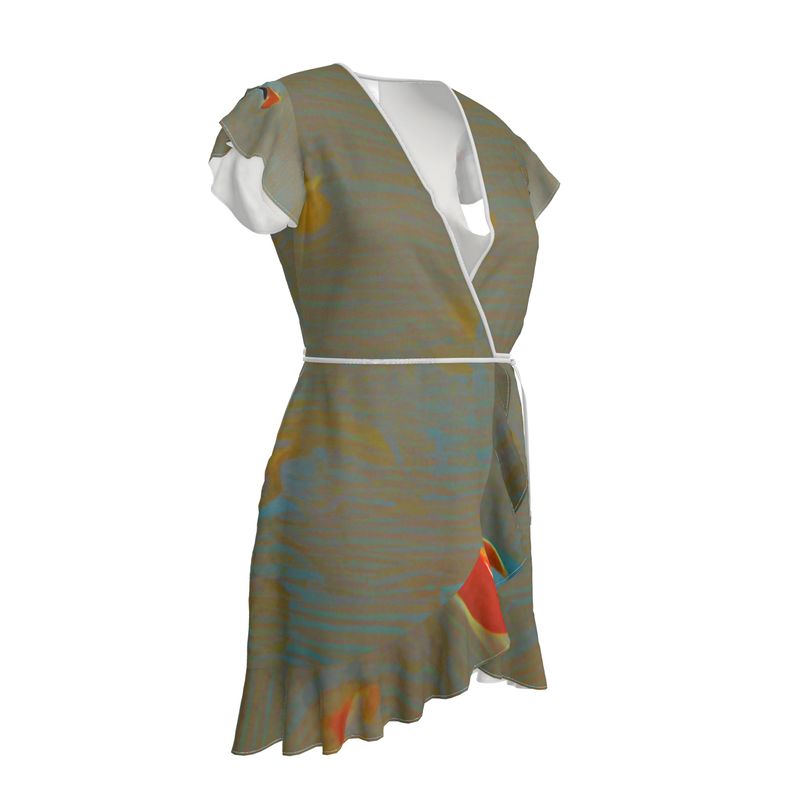 Mixed up - Green Flounce Hem & Armholes, Waist Tie, Wrap Design, Fashion Crepe Or Smooth Crepe Tea Dress